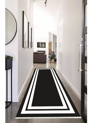 Napoli Home Dijital Baskılı Kaymaz Taban Yıkanabilir Beyaz Çerçeveli Siyah Koridor Halısı Yolluk NHU-HS-530