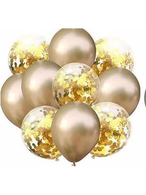 Bal10 Dünyası Krom Gold ve Şeffaf Konfetili Balon Seti