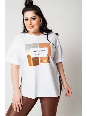 Kısmet Sepeti Kısmetsepeti Kadın Büyük Beden Gümüş ve Bakır Baskı Detaylı T-Shirt