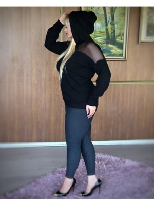 ViolettaXL Kadın Siyah Büyük Beden Cepli Kapşonlu File Detay Likralı Iki Iplik Sweatshirt