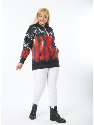 ViolettaXL Kadın Siyah Büyük Beden Kanguru Cep Kapşonlu Esnek Scuba Sweatshirt