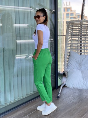 Yeşil Paçası Işleme Detay Ham Keten Kadın Pantolon