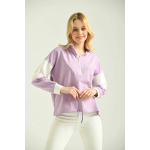 Lila Fermuarlı Basic Örme Renk Bloklu Ince Sweatshirt 