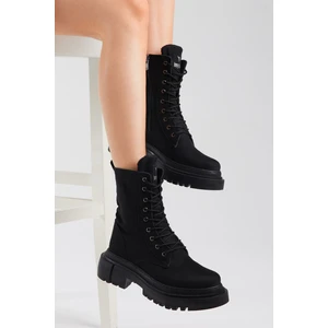 Tonny Black Kadın Siyah Süet Rahat Kalıp Bağcıklı Uzun Bot