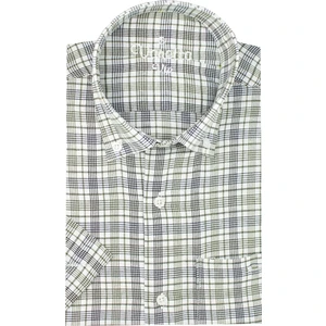 Erkek Beyaz - Yeşil Klasik Kesim Düğmeli Yaka Kareli Kısa Kollu Gömlek