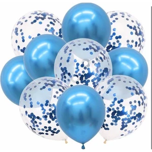 Metalik Mavi ve Mavi Konfetili Şeffaf Balon Seti