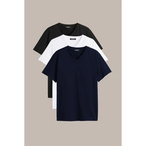 Erkek Çok Renkli T- Shirt Regular Fit Rahat Kesim V Yaka 3'lü Basic Tişört Paketi