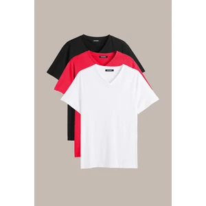 Erkek Çok Renkli T- Shirt Regular Fit Rahat Kesim V Yaka 3'lü Basic Tişört Paketi