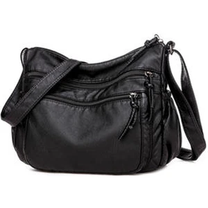 Kadın Crossbody Pocketbook Ultra Yumuşak Yıkanmış Deri Çok Cepler Hafif Omuz Kadın Messenger Siyah Çanta (Yurt Dışından)