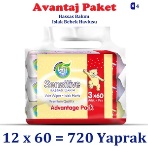 Bii Wipes Sensitive 60'lı Hassas Bakım Islak Bebek Havlusu 60 x 12 Adet