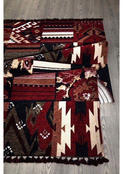 Kırmızı Renkli Afgan Tarzı Altı Kaymaz Yıkanabilir Şönil Kilim fiyatları