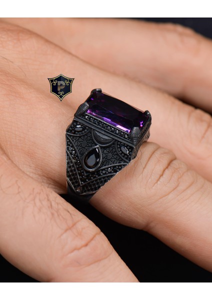 Gümüş 925 Ayar Gümüş Erkek Yüzüğü Ametist Taşlı Zirkon Taş Süslemeli modelleri