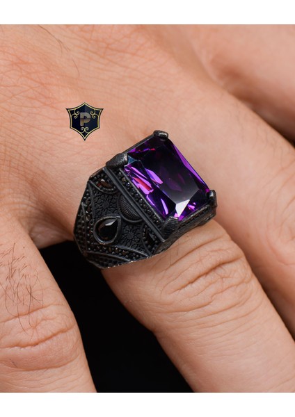 Gümüş 925 Ayar Gümüş Erkek Yüzüğü Ametist Taşlı Zirkon Taş Süslemeli fırsatları