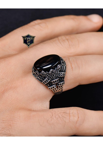 Gümüş 925 Ayar Gümüş Erkek Yüzüğü Oniks Taşlı Zirkon Taş Süslemeli modelleri