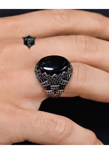 Gümüş 925 Ayar Gümüş Erkek Yüzüğü Oniks Taşlı Zirkon Taş Süslemeli fırsatları