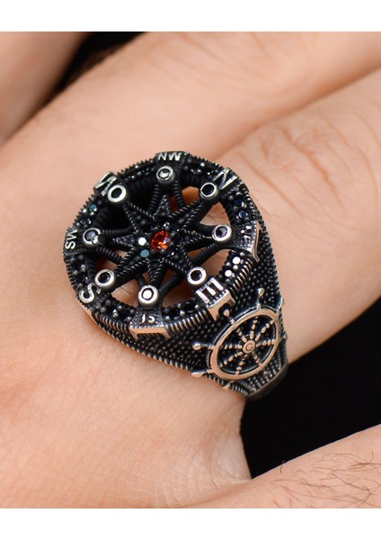 Gümüş 925 Ayar Gümüş Erkek Yüzüğü Kutup Yıldızlı Pusula