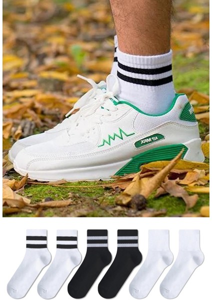 6'lı Düz Desensiz ve Çember Desenli Unisex Siyah Beyaz Tenis Çorap Seti