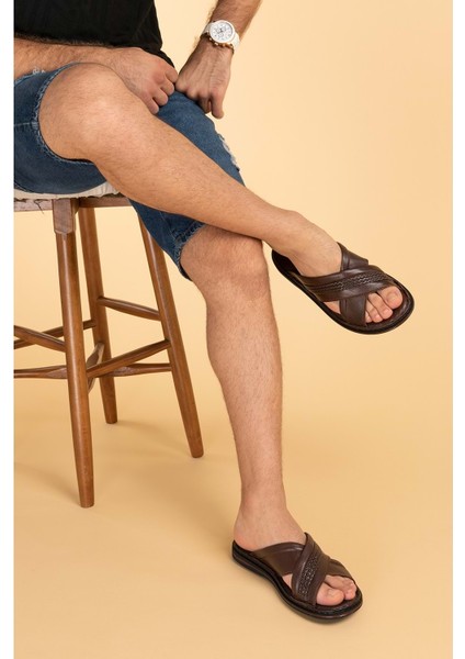 Erkek Hakiki Deri Comfort Yumuşak Taban Günlük Terlik KML.173 - Kahverengi - 45 indirimleri