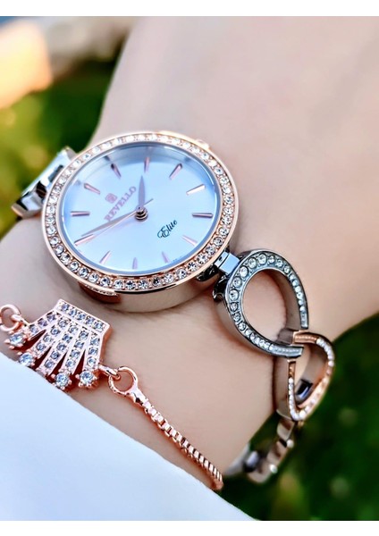 Özel Bronz Kaplama Elite Modeli Swarovski Taşlı 30 mt Su Geçirmez+Bileklik Lady Wristwatch RES.170041-A