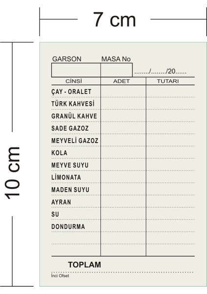 Kafe Çay Kahve Adisyon Sipariş Fişi A7 Tek Nüsha 10 Cilt