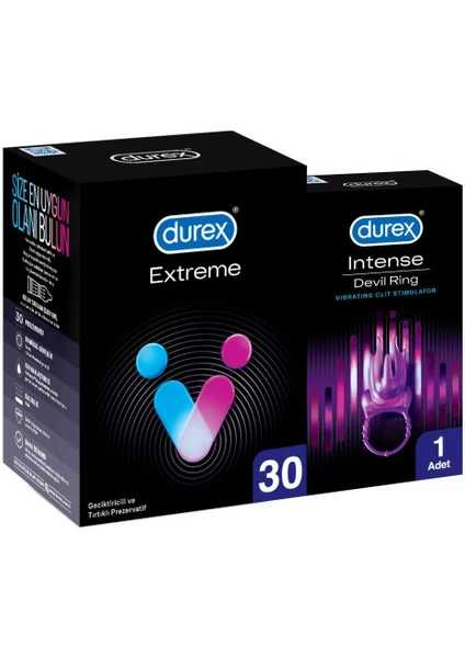 Extreme 30'li Geciktiricili ve Tırtıklı Prezervatif+Durex Intense Devil Ring Titreşimli Halka