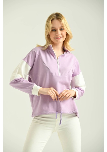 Lila Fermuarlı Basic Örme Renk Bloklu Ince Sweatshirt