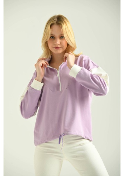 Lila Fermuarlı Basic Örme Renk Bloklu Ince Sweatshirt