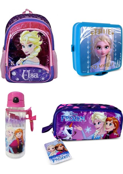 Disney Frozen Elsa Simli Üç Bölmeli Ilkokul Çantası 4 Parça Set