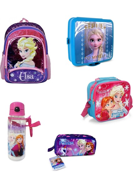 Disney Frozen Elsa Simli Üç Bölmeli Ilkokul Çantası 5 Parça Set