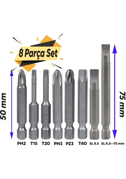 Klytek Matkap Bits Uç Vidalama Ucu Düz Yıldız Torx Uç (8 Parça)