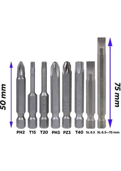 Klytek Matkap Bits Uç Vidalama Ucu Düz Yıldız Torx Uç (8 Parça)