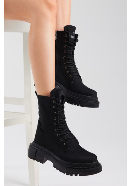 Kadın Siyah Süet Rahat Kalıp Bağcıklı Uzun Bot