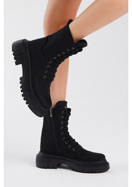 Kadın Siyah Süet Rahat Kalıp Bağcıklı Uzun Bot fırsatları