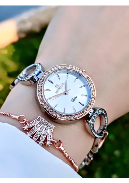 Özel Bronz Kaplama Elite Modeli Swarovski Taşlı 30 mt Su Geçirmez+Bileklik Lady Wristwatch RES.170041-A