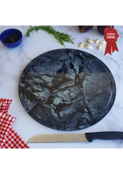 Kanallı Cam Kesme Tahtası - Cam Kesme Tablası | Doğal Taş Desenli | Çap32cm | Patentli Ürün