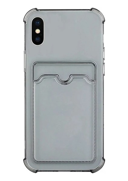 Apple iPhone x Kılıf Silikon Şeffaf Kredi Kartlık Bölmeli Antişok Dört Köşe Darbe Korumalı