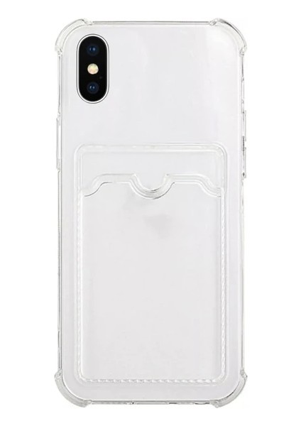 Apple iPhone Xr Kılıf Silikon Şeffaf Kredi Kartlık Bölmeli Antişok Dört Köşe Darbe Korumalı