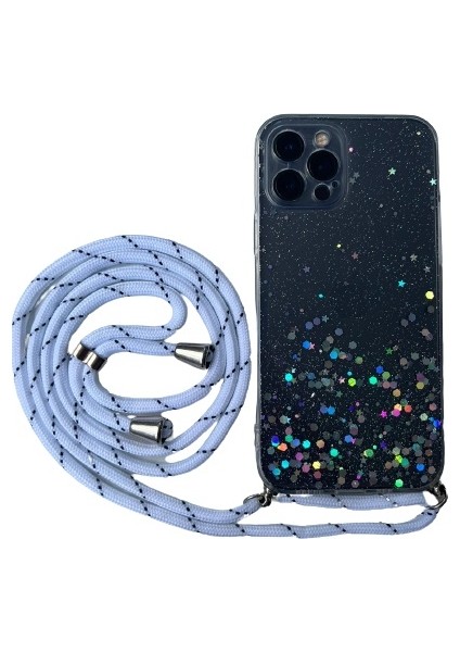 Apple iPhone 12 Pro Max Kılıf Simli Boyuna Asmalı Ipli Kamera Korumalı Kapak