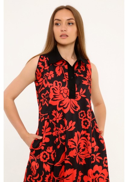 Gömlek Yaka Göğüs Altından Pileli Yandan Cepli Çiçek Desenli Uzun Kırmızı Elbise fiyatları