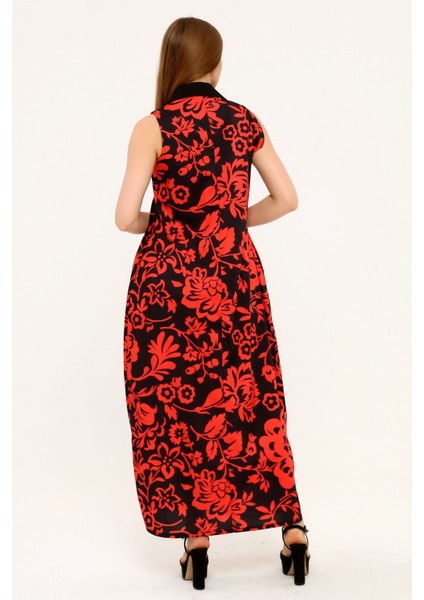 Gömlek Yaka Göğüs Altından Pileli Yandan Cepli Çiçek Desenli Uzun Kırmızı Elbise modelleri