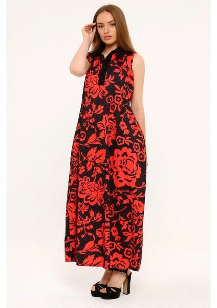 Gömlek Yaka Göğüs Altından Pileli Yandan Cepli Çiçek Desenli Uzun Kırmızı Elbise fırsatları