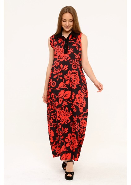 Gömlek Yaka Göğüs Altından Pileli Yandan Cepli Çiçek Desenli Uzun Kırmızı Elbise indirimleri