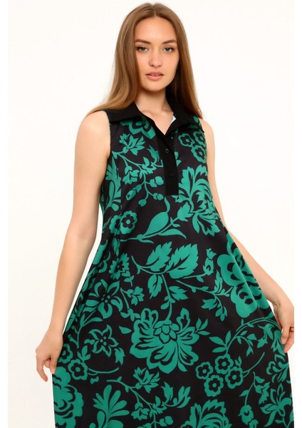 Gömlek Yaka Göğüs Altından Pileli Yandan Cepli Çiçek Desenli Uzun Yeşil Elbise fiyatları