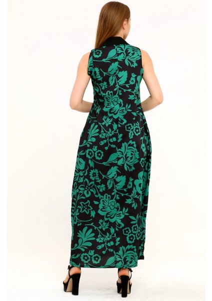 Gömlek Yaka Göğüs Altından Pileli Yandan Cepli Çiçek Desenli Uzun Yeşil Elbise modelleri