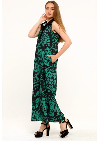 Gömlek Yaka Göğüs Altından Pileli Yandan Cepli Çiçek Desenli Uzun Yeşil Elbise fırsatları