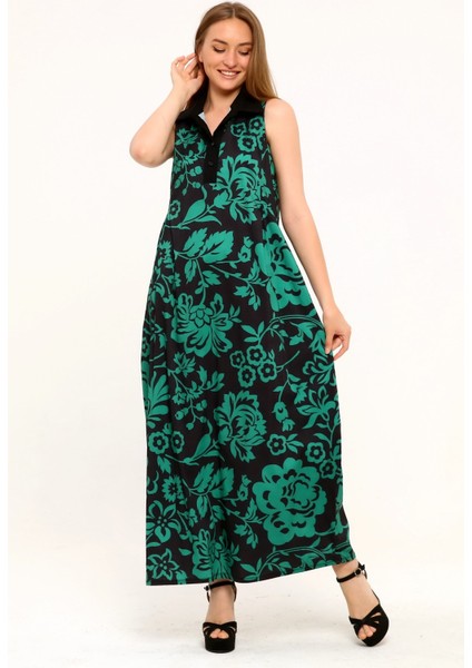 Gömlek Yaka Göğüs Altından Pileli Yandan Cepli Çiçek Desenli Uzun Yeşil Elbise indirimleri