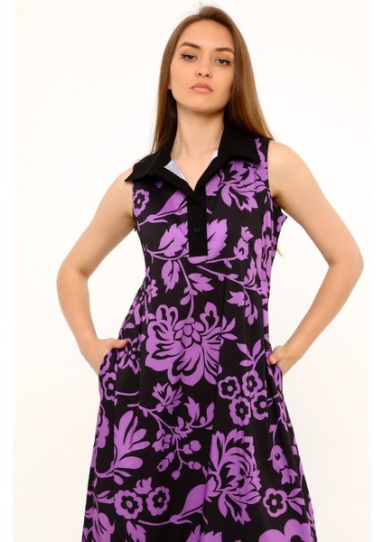 Gömlek Yaka Göğüs Altından Pileli Yandan Cepli Çiçek Desenli Uzun Lila Elbise fiyatları