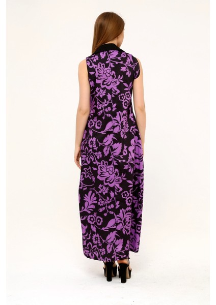 Gömlek Yaka Göğüs Altından Pileli Yandan Cepli Çiçek Desenli Uzun Lila Elbise modelleri