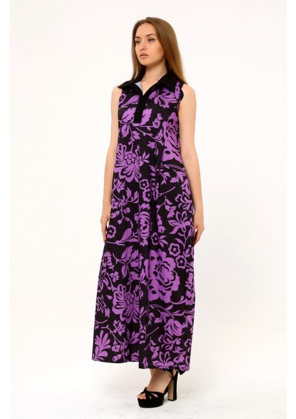 Gömlek Yaka Göğüs Altından Pileli Yandan Cepli Çiçek Desenli Uzun Lila Elbise fırsatları