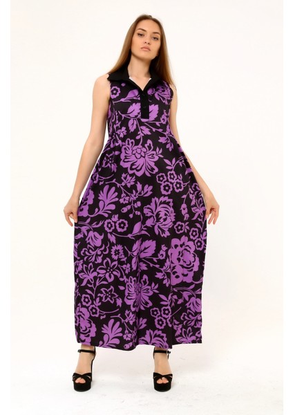 Gömlek Yaka Göğüs Altından Pileli Yandan Cepli Çiçek Desenli Uzun Lila Elbise indirimleri